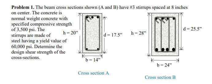 Problem 1. The beam cross sections shown (A and B) have #3 stirrups spaced at 8 inches
on center. The concrete is
normal weight concrete with
specified compressive strength
of 3,500 psi. The
stirrups are made of
steel having a yield value of
60,000 psi. Determine the
design shear strength of the
d = 25.5"
h= 20"
d = 17.5"
h = 28"
cross-sections.
b= 14"
b = 24"
Cross section A
Cross section B
