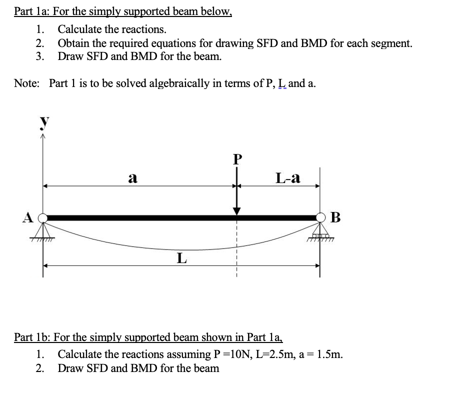 Part 1a: For the simply supported beam below,
1.
Calculate the reactions.
Obtain the required equations for drawing SFD and BMD for each segment.
Draw SFD and BMD for the beam.
2.
3.
Note: Part 1 is to be solved algebraically in terms of P, L and a.
A
a
L
P
1
L-a
B
Part 1b: For the simply supported beam shown in Part 1a,
1. Calculate the reactions assuming P =10N, L=2.5m, a = 1.5m.
2. Draw SFD and BMD for the beam