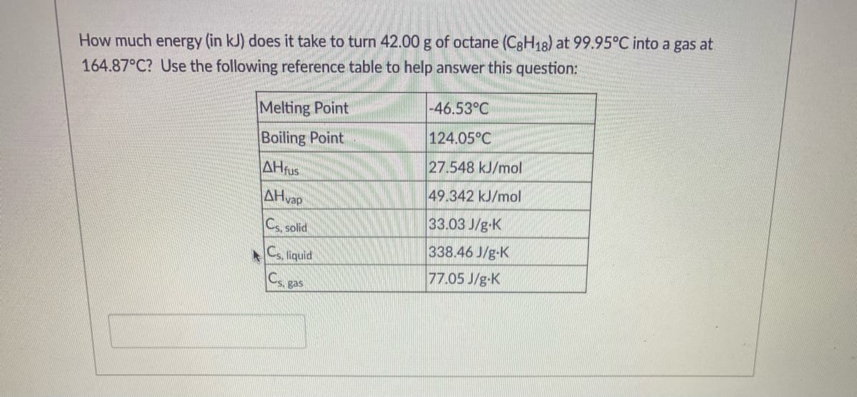 How much energy (in kJ) does it take to turn 42.00 g of octane (C3H18) at 99.95°C into a gas at.
164.87°C? Use the following reference table to help answer this question:
Melting Point
-46.53°C
Boiling Point
124.05°C
AHrus
27.548 kJ/mol
AHvap
49.342 kJ/mol
Cs, solid
33.03 J/g-K
338.46 J/g-K
Cs, liquid
Cs. gas
77.05 J/g-K
