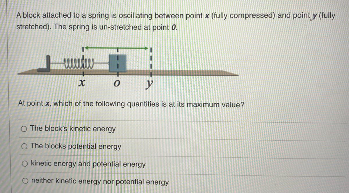 A block attached to a spring is oscillating between point x (fully compressed) and point y (fully
stretched). The spring is un-stretched at point 0.
www
y
At point x, which of the following quantities is at its maximum value?
X
0
O The block's kinetic energy
O The blocks potential energy
O kinetic energy and potential energy
O neither kinetic energy nor potential energy