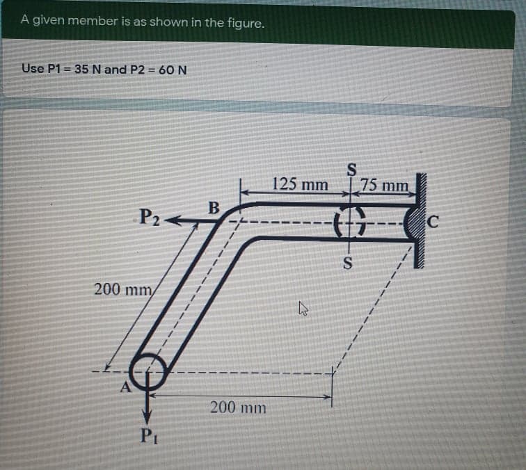 A given member is as shown in the figure.
Use P1 = 35 N and P2 = 6ON
%3!
%3D
125 mm
75 mm
P2
200 mm
200 mm
PI
