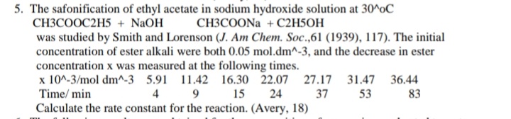5. The safonification of ethyl acetate in sodium hydroxide solution at 30^oC
СНЗСООС2H5 + NaOH
СНЗСОONa + С2H5ОН
was studied by Smith and Lorenson (J. Am Chem. Soc.,61 (1939), 117). The initial
concentration of ester alkali were both 0.05 mol.dm^-3, and the decrease in ester
concentration x was measured at the following times.
x 10^-3/mol dm^-3 5.91 11.42 16.30 22.07 27.17 31.47 36.44
Time/ min
4
15
24
37
53
83
Calculate the rate constant for the reaction. (Avery, 18)
