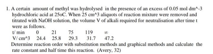 1. A certain amount of methyl was hydrolysed in the presence of an excess of 0.05 mol dm^-3
hydrochloric acid at 250C. When 25 cm^3 aliquots of reaction mixture were removed and
titrated with NaOH solution, the volume V of alkali required for neutralisation after time t
were as follows.
t/ min
21
75
119
V/ cm^3 24.4
Determine reaction order with substitution methods and graphical methods and calculate the
rate constant and half time this reaction. (Avery, 32)
25.8 29.3
31.7
47.2
