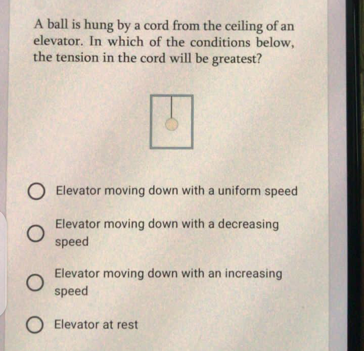 A ball is hung by a cord from the ceiling of an
elevator. In which of the conditions below,
the tension in the cord will be greatest?
O Elevator moving down with a uniform speed
Elevator moving down with a decreasing
speed
Elevator moving down with an increasing
speed
O Elevator at rest
