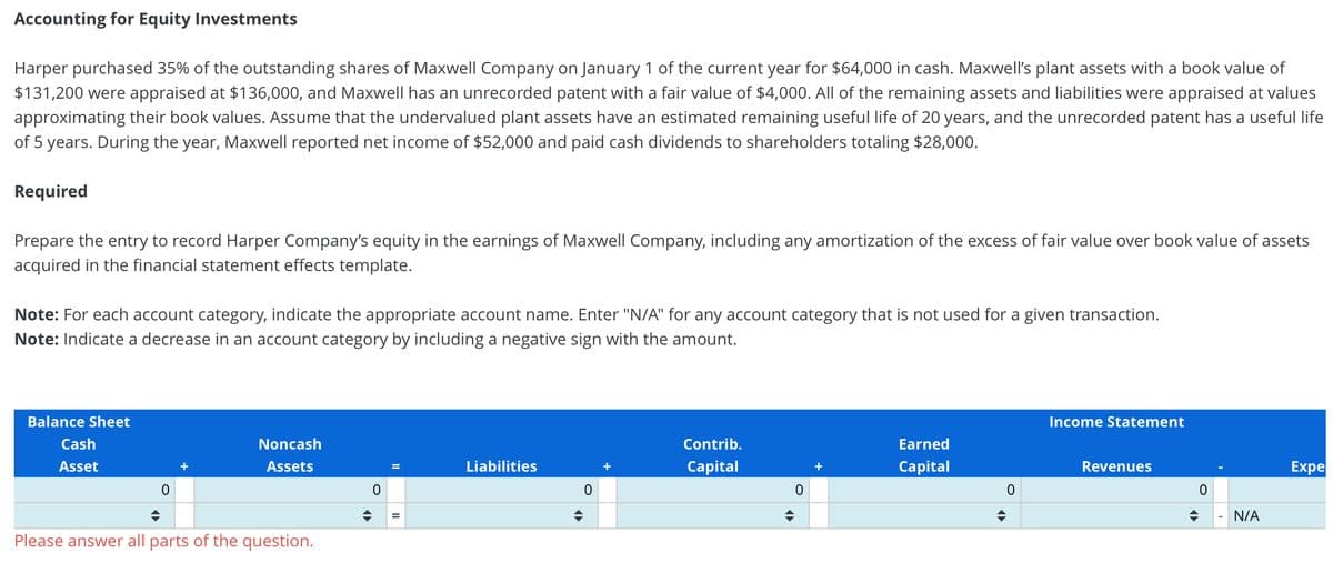 Accounting for Equity Investments
Harper purchased 35% of the outstanding shares of Maxwell Company on January 1 of the current year for $64,000 in cash. Maxwell's plant assets with a book value of
$131,200 were appraised at $136,000, and Maxwell has an unrecorded patent with a fair value of $4,000. All of the remaining assets and liabilities were appraised at values
approximating their book values. Assume that the undervalued plant assets have an estimated remaining useful life of 20 years, and the unrecorded patent has a useful life
of 5 years. During the year, Maxwell reported net income of $52,000 and paid cash dividends to shareholders totaling $28,000.
Required
Prepare the entry to record Harper Company's equity in the earnings of Maxwell Company, including any amortization of the excess of fair value over book value of assets
acquired in the financial statement effects template.
Note: For each account category, indicate the appropriate account name. Enter "N/A" for any account category that is not used for a given transaction.
Note: Indicate a decrease in an account category by including a negative sign with the amount.
Balance Sheet
Cash
Asset
0
Noncash
Assets
♦
Please answer all parts of the question.
0
Liabilities
0
Contrib.
Capital
0
Earned
Capital
0
♦
Income Statement
Revenues
0
N/A
Expe