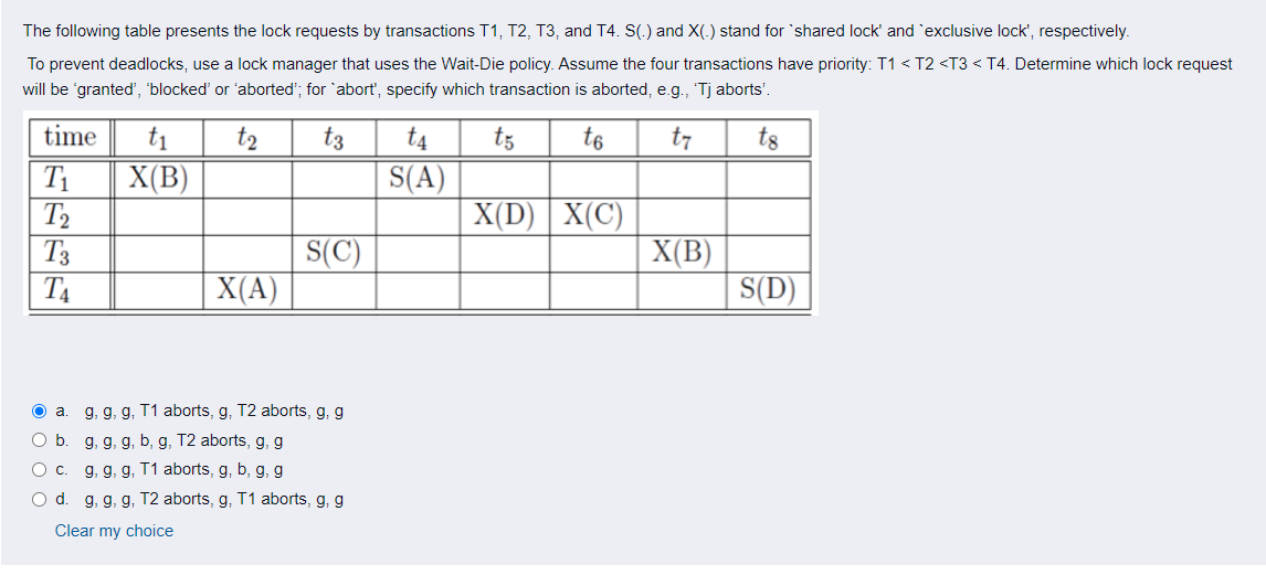 The following table presents the lock requests by transactions T1, T2, T3, and T4. S(.) and X(.) stand for shared lock' and `exclusive lock', respectively.
To prevent deadlocks, use a lock manager that uses the Wait-Die policy. Assume the four transactions have priority: T1 < T2 <T3 < T4. Determine which lock request
will be 'granted', 'blocked' or 'aborted'; for 'abort', specify which transaction is aborted, e.g., 'Tj aborts'.
time
t4
S(A)
X(D) | X(C)
t1
t2
t3
t5
to
t7
t8
X(B)
T2
T3
T4
S(C)
X(A)
X(B)
S(D)
O a
g, g, g, T1 aborts, g, T2 aborts, g, g
Ob.
g, g, g, b, g, T2 aborts, g, g
Oc.
g, g, g, T1 aborts, g, b, g, g
O d. g, g, g, T2 aborts, g, T1 aborts, g, g
Clear my choice
