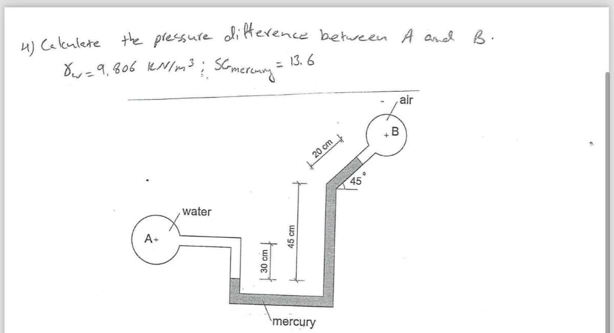 4) Calculate the pressure difference between A and B.
Ow = 9,806 kN/m³ SGmercury:
13.6
=
A+
water
30 cm
45 cm
mercury
20 cm
45
B
air
