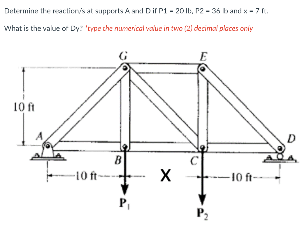 Determine the reaction/s at supports A and D if P1 = 2O Ib, P2 = 36 lb and x = 7 ft.
What is the value of Dy? *type the numerical value in two (2) decimal places only
G
E
10 ft
D
B
C
-10 ft-
10 ft-
P
P2
