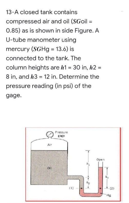 13-A closed tank contains
compressed air and oil (SGoil =
0.85) as is shown in side Figure. A
U-tube manometer using
mercury (SGH9 = 13.6) is
%3D
connected to the tank. The
column heights are h1 = 30 in, h2 =
8 in, and h3 = 12 in. Determine the
pressure reading (in psi) of the
gage.
Pressure
gage
Air
Open
(1)
(2)
Hg
