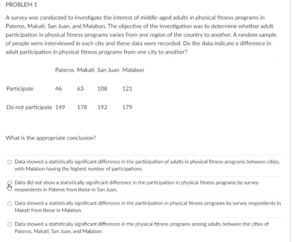 PROBLEM 1
A survey was conducted to investigate the interest of middle-aged adults in physical fitness programs in
Pateros, Makati, San Juan, and Malabon. The objective of the investigation was to determine whether adult
participation in physical fitness programs varies from one region of the country to another. A random sample
of people were interviewed in each city and these data were recorded. Do the data indicate a difference in
adult participation in physical fitness programs from one city to another?
Pateros Makati San Juan Malabon
Participate
46
63
108
121
Do not participate 149
178
192
179
What is the appropriate conclusion?
O Data showed a statistically significant difference in the participation of adults in physical fitness programs between cities,
with Malabon having the highest number of participations.
Data did not show a statistically significant difference in the participation in physical fitness programs by survey
respondents in Pateros from those in San Juan.
Data showed a statistically significant difference in the participation in physical fitness programs by survey respondents in
Makati from those in Malabon.
O Data showed a statistically significant difference in the physical fitness programs among adults between the cities of
Pateros, Makati, San Juan, and Malabon.
