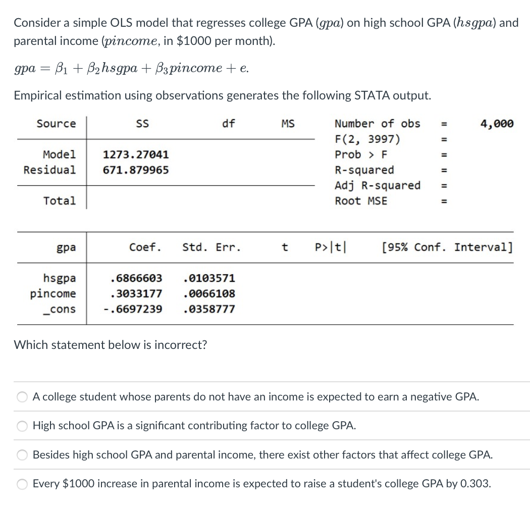 Consider a simple OLS model that regresses college GPA (gpa) on high school GPA (hsgpa) and
parental income (pincome, in $1000 per month).
B₁ + B₂hsgpa + B3pincome + e.
Empirical estimation using observations generates the following STATA output.
gpa =
Source
Model
Residual
Total
gpa
hsgpa
pincome
_cons
SS
1273.27041
671.879965
df
Coef. Std. Err.
.6866603 .0103571
.3033177
.0066108
-.6697239 .0358777
Which statement below is incorrect?
MS
Number of obs
F(2, 3997)
Prob > F
R-squared
Adj R-squared
Root MSE
t P>|t|
=
=
=
4,000
[95% Conf. Interval]
A college student whose parents do not have an income is expected to earn a negative GPA.
High school GPA is a significant contributing factor to college GPA.
Besides high school GPA and parental income, there exist other factors that affect college GPA.
Every $1000 increase in parental income is expected to raise a student's college GPA by 0.303.
