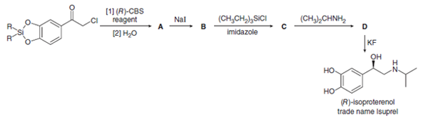 [1) (R)-CBS
геagent
(CH,CH,),SICI
(CH),CHNH,
Nal
в
[2] н.о
Imidazole
|KF
он
но-
но
(R)-isoproterenol
trade name Isuprel
