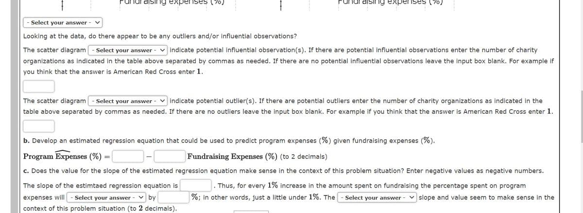 Fundrajsirng expenses (%0)
Fundr ajsing expenses (%%)
Select your answer -
Looking at the data, do there appear to be any outliers and/or influential observations?
The scatter diagram
Select your answer - v indicate potential influential observation(s). If there are potential influential observations enter the number of charity
organizations as indicated in the table above separated by commas as needed. If there are no potential influential observations leave the input box blank. For example if
you think that the answer is American Red Cross enter 1.
The scatter diagram
Select your answer - v indicate potential outlier(s). If there are potential outliers enter the number of charity organizations as indicated in the
table above separated by commas as needed. If there are no outliers leave the input box blank. For example if you think that the answer is American Red Cross enter 1.
b. Develop an estimated regression equation that could be used to predict program expenses (%) given fundraising expenses (%).
Program Expenses (%) =
Fundraising Expenses (%) (to 2 decimals)
c. Does the value for the slope of the estimated regression equation make sense in the context of this problem situation? Enter negative values as negative numbers.
The slope of the estimtaed regression equation is
Thus, for every 1% increase in the amount spent on fundraising the percentage spent on program
expenses will
Select your answer
by
%; in other words, just a little under 1%. The
Select your answer
v slope and value seem to make sense in the
context of this problem situation (to 2 decimals).
