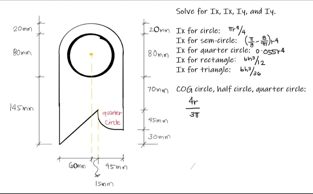 Solve for Ix, Ix, Iy, and Iy.
20 mm
20mm Ix for circle: T*/4
Ix for sem-circle: (--4
Ix for quarter circle:´ 0·05514
Ix for rectangle: bh%2
Ix for triangle: bh/36
Bomn
8 Omm
70mm COG circle, half circle, quarter circle:
4r
145mm
quarter
Circle
3TT
45m m
30mm
GOmm
45mm
Imm
