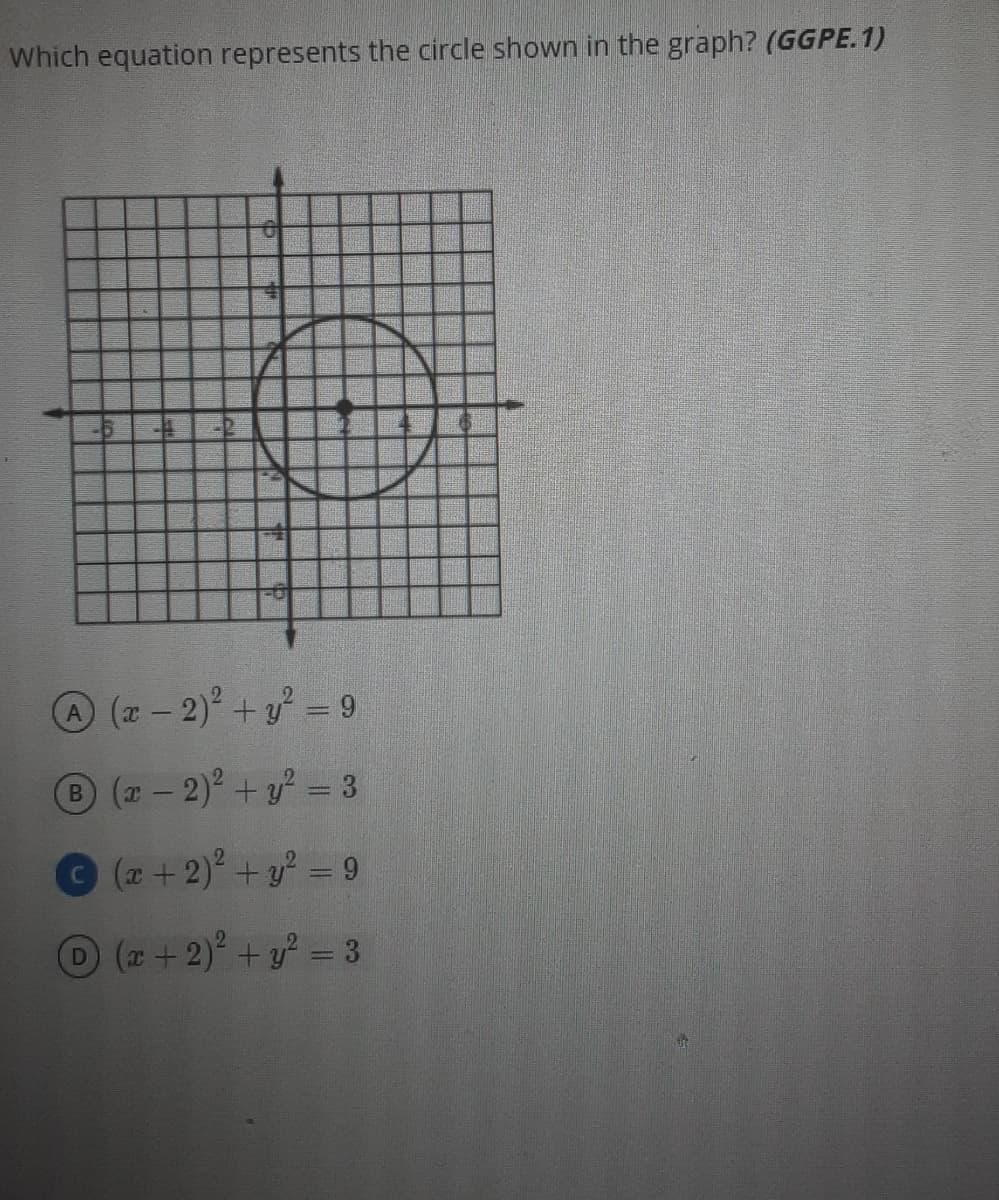 Which equation represents the circle shown in the graph? (GGPE.1)
(z-2)+y = 9
B (2 - 2) + y? = 3
(2+ 2) + y? = 9
D(+2) +y = 3
