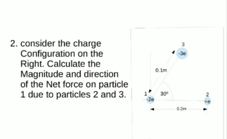 2. consider the charge
Configuration on the
Right. Calculate the
Magnitude and direction
of the Net force on particle
1 due to particles 2 and 3.
3
-3e
0.1m
30°
-2e
2
te
02m
