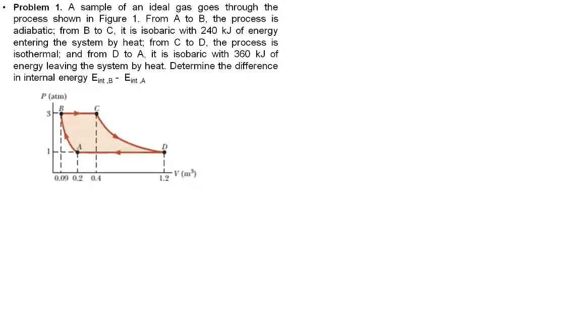 Problem 1. A sample of an ideal gas goes through the
process shown in Figure 1. From A to B, the process is
adiabatic; from B to C, it is isobaric with 240 kJ of energy
entering the system by heat; from C to D, the process is
isothermal; and from D to A, it is isobaric with 360 kJ of
energy leaving the system by heat. Determine the difference
in internal energy Eint B - Eint ‚A
P (atm)
V (m³)
0.09 0.2 0,4
