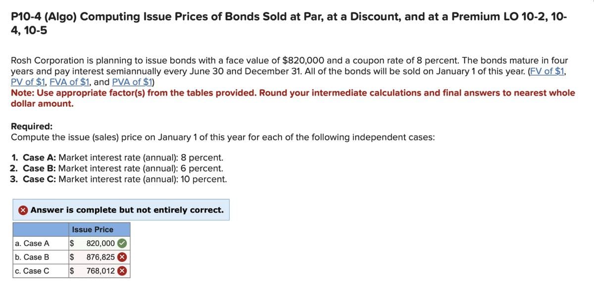 P10-4 (Algo) Computing Issue Prices of Bonds Sold at Par, at a Discount, and at a Premium LO 10-2, 10-
4, 10-5
Rosh Corporation is planning to issue bonds with a face value of $820,000 and a coupon rate of 8 percent. The bonds mature in four
years and pay interest semiannually every June 30 and December 31. All of the bonds will be sold on January 1 of this year. (FV of $1,
PV of $1, FVA of $1, and PVA of $1)
Note: Use appropriate factor(s) from the tables provided. Round your intermediate calculations and final answers to nearest whole
dollar amount.
Required:
Compute the issue (sales) price on January 1 of this year for each of the following independent cases:
1. Case A: Market interest rate (annual): 8 percent.
2. Case B: Market interest rate (annual): 6 percent.
3. Case C: Market interest rate (annual): 10 percent.
Answer is complete but not entirely correct.
a. Case A
b. Case B
c. Case C
Issue Price
$ 820,000
$
$
876,825 X
768,012 X