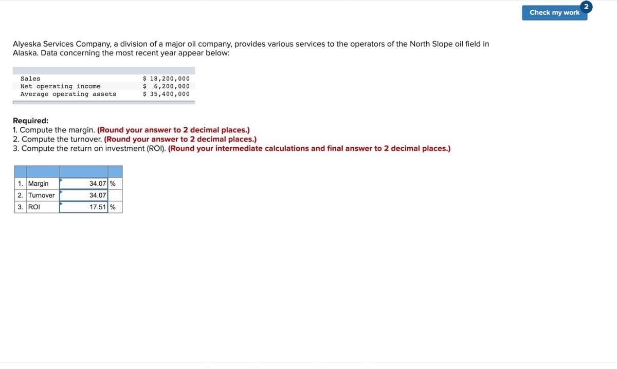 Alyeska Services Company, a division of a major oil company, provides various services to the operators of the North Slope oil field in
Alaska. Data concerning the most recent year appear below:
Sales
Net operating income
Average operating assets
Required:
1. Compute the margin. (Round your answer to 2 decimal places.)
2. Compute the turnover. (Round your answer to 2 decimal places.)
3. Compute the return on investment (ROI). (Round your intermediate calculations and final answer to 2 decimal places.)
1. Margin
2. Turnover
3. ROI
$ 18,200,000
$ 6,200,000
$ 35,400,000
34.07 %
34.07
17.51 %
Check my work