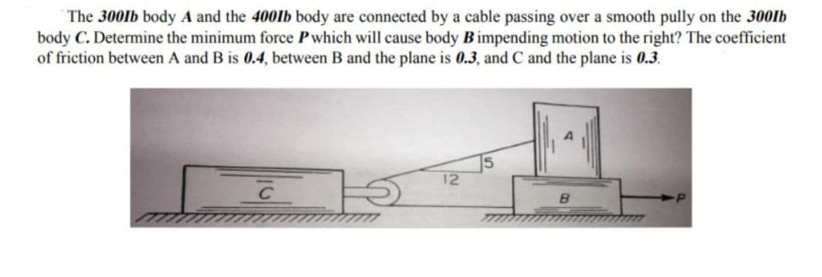 The 300lb body A and the 400lb body are connected by a cable passing over a smooth pully on the 300lb
body C. Determine the minimum force Pwhich will cause body B impending motion to the right? The coefficient
of friction between A and B is 0.4, between B and the plane is 0.3, and C and the plane is 0.3.
12
B
