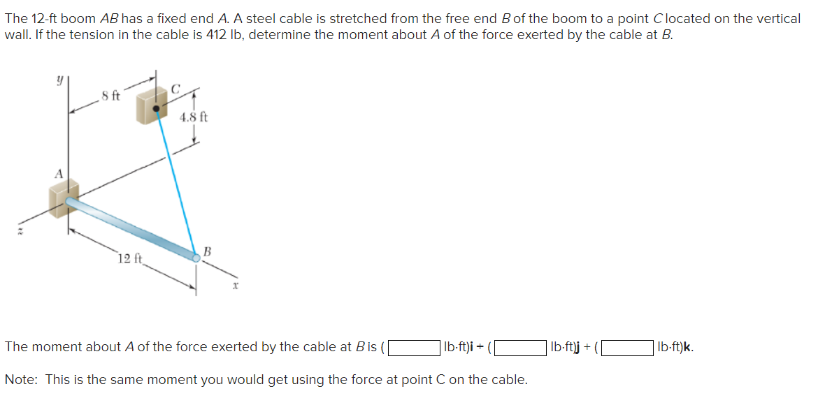The 12-ft boom AB has a fixed end A. A steel cable is stretched from the free end B of the boom to a point Clocated on the vertical
wall. If the tension in the cable is 412 lb, determine the moment about A of the force exerted by the cable at B.
y
A
.8 ft
12 ft
4.8 ft
B
The moment about A of the force exerted by the cable at B is (
Note: This is the same moment you would get using the force at point C on the cable.
lb-ft)i +
lb-ft)j +
lb-ft)k.
