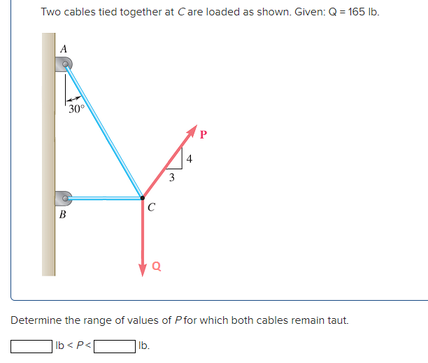 Two cables tied together at Care loaded as shown. Given: Q = 165 lb.
A
B
30°
C
Q
lb.
3
4
a
Determine the range of values of P for which both cables remain taut.
lb<P<