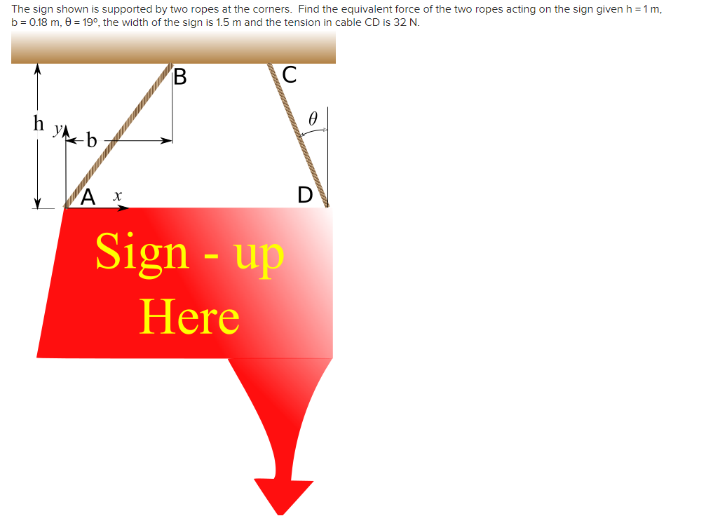 The sign shown is supported by two ropes at the corners. Find the equivalent force of the two ropes acting on the sign given h = 1 m,
b = 0.18 m, 0 = 19°, the width of the sign is 1.5 m and the tension in cable CD is 32 N.
ay b
A x
B
C
Sign-up
Here
D