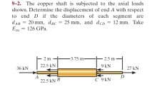 9-2. The copper shaft is subjected to the asial loads
shown. Determine the displacement of end A with respect
to end D it the diameters of cach segment are
dan - 20 mm. dac =
Ea - 126 GPa
25 mm, and den - 12 mm. Take
2m-
-3.75 m-
25m-
225 AN
9KN
36 AN
27AN
225 AN
9AN
