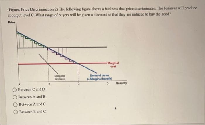 (Figure: Price Discrimination 2) The following figure shows a business that price discriminates. The business will produce
at output level C. What range of buyers will be given a discount so that they are induced to buy the good?
Price
A
Between C and D
Between A and B.
Between A and C
Between B and C
Marginal
revenue
Marginal
cost
Demand curve
( Marginal benefit)
D
Quantity