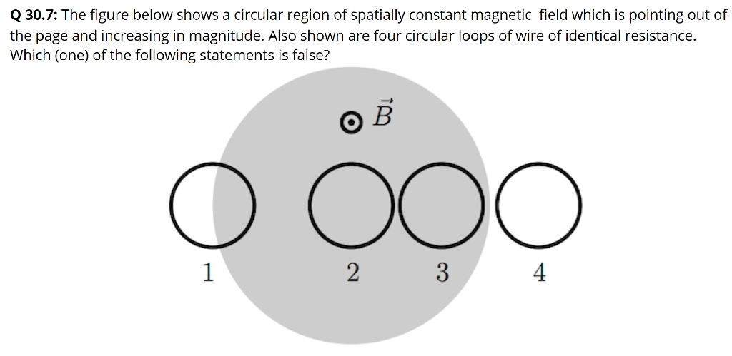 Q 30.7: The figure below shows a circular region of spatially constant magnetic field which is pointing out of
the page and increasing in magnitude. Also shown are four circular loops of wire of identical resistance.
Which (one) of the following statements is false?
1
OOO
2 3
4