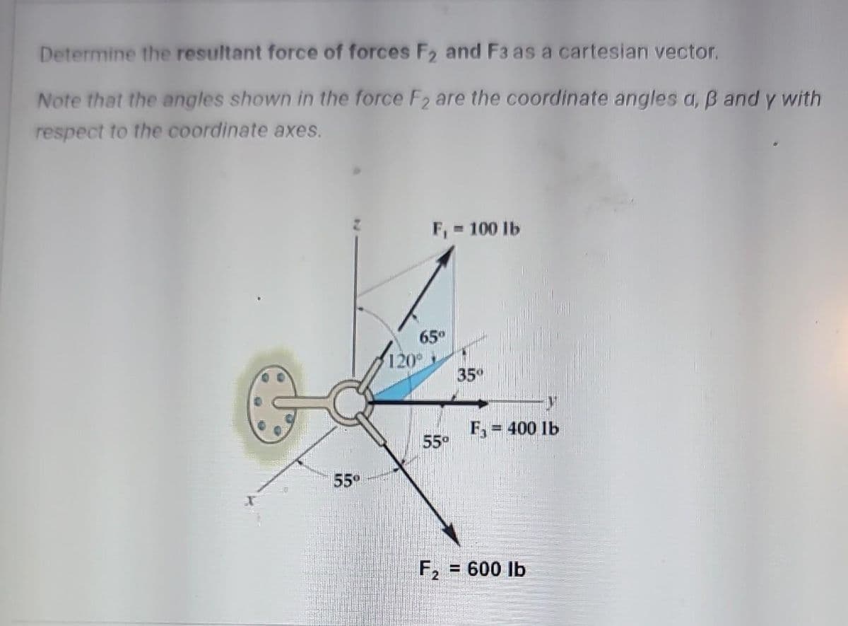 Determine the resultant force of forces F₂ and F3 as a cartesian vector.
Note that the angles shown in the force F2 are the coordinate angles a, B and y with
respect to the coordinate axes.
55⁰
F₁ = 100 lb
65⁰
120°
55°
35⁰
F₁ = 400 lb
F₂ = 600 lb