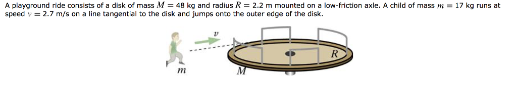 A playground ride consists of a disk of mass M = 48 kg and radius R = 2.2 m mounted on a low-friction axle. A child of mass m = 17 kg runs at
speed v = 2.7 m/s on a line tangential to the disk and jumps onto the outer edge of the disk.
m
V
M
R