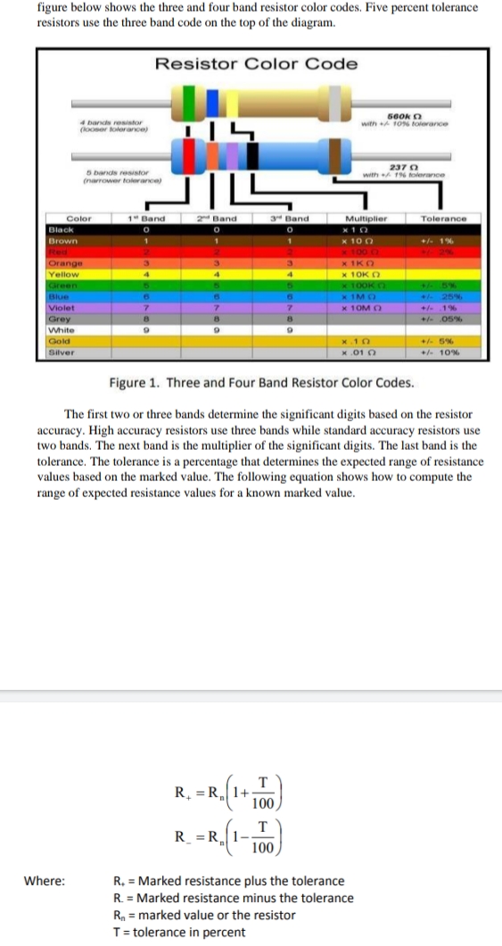 figure below shows the three and four band resistor color codes. Five percent tolerance
resistors use the three band code on the top of the diagram.
Resistor Color Code
560k O
with A 1ON tolerance
4 bands resistor
(kooser tolorance)
2370
Sbands resistor
with 1% tolerance
(narrower tolerance)
Color
1 Band
2 Band
3 Band
Multiplier
Tolerance
Black
x10
x 100
x 100 C
+- 1%
2%
Brown
Red
Orange
x 1KO
Yellow
x 10K O
x 100K C
t 5%
- 25%
Green
Blue
x 1MO
Violet
x 10M O
+/- 1%
Grey
White
Gold
+/- 05%
x.10
+- 5%
Silver
x.01 0
+- 10%
Figure 1. Three and Four Band Resistor Color Codes.
The first two or three bands determine the significant digits based on the resistor
accuracy. High accuracy resistors use three bands while standard accuracy resistors use
two bands. The next band is the multiplier of the significant digits. The last band is the
tolerance. The tolerance is a percentage that determines the expected range of resistance
values based on the marked value. The following equation shows how to compute the
range of expected resistance values for a known marked value,
T
R. = R,1+
100
T
R = R1-
100
R, = Marked resistance plus the tolerance
R. = Marked resistance minus the tolerance
Where:
R, = marked value or the resistor
T= tolerance in percent
