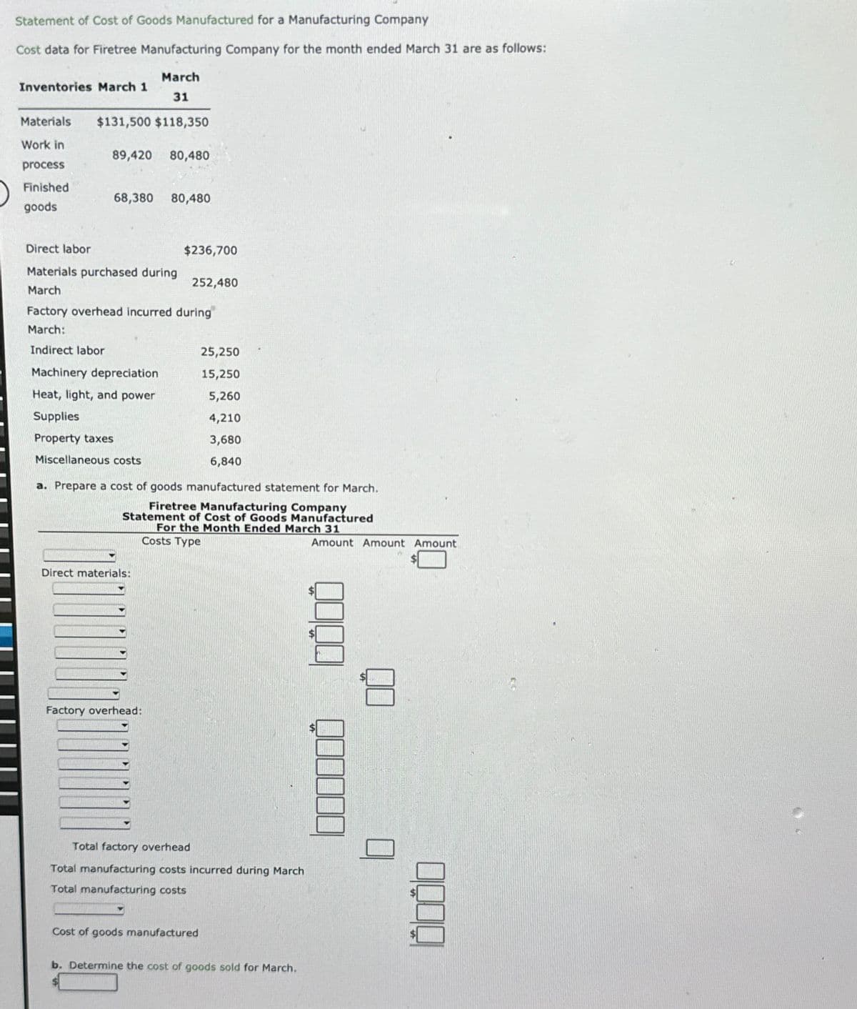 Statement of Cost of Goods Manufactured for a Manufacturing Company
Cost data for Firetree Manufacturing Company for the month ended March 31 are as follows:
March
31
Materials $131,500 $118,350
Work in
process
Finished
goods
Inventories March 1
89,420 80,480
68,380 80,480
Direct labor
Materials purchased during
March
Direct materials:
$236,700
Factory overhead incurred during
March:
Indirect labor
Machinery depreciation
Heat, light, and power
Supplies
Property taxes
Miscellaneous costs
a. Prepare a cost of goods manufactured statement for March.
Firetree Manufacturing Company
Statement of Cost of Goods Manufactured
For the Month Ended March 31
Costs Type
Factory overhead:
252,480
25,250
15,250
5,260
4,210
3,680
6,840
Total factory overhead
Total manufacturing costs incurred during March
Total manufacturing costs
Cost of goods manufactured
b. Determine the cost of goods sold for March.
Amount Amount Amount
1000000 llo
0