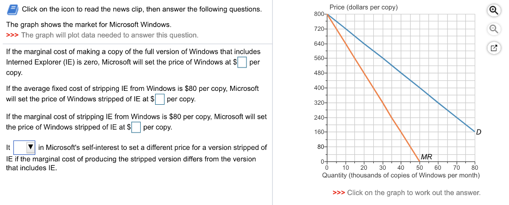 Click on the icon to read the news clip, then answer the following questions.
The graph shows the market for Microsoft Windows.
>>> The graph will plot data needed to answer this question.
If the marginal cost of making a copy of the full version of Windows that includes
Interned Explorer (IE) is zero, Microsoft will set the price of Windows at $ per
copy.
If the average fixed cost of stripping IE from Windows is $80 per copy, Microsoft
will set the price of Windows stripped of IE at $ per copy.
If the marginal cost of stripping IE from Windows is $80 per copy, Microsoft will set
the price of Windows stripped of IE at $ per copy.
It
in Microsoft's self-interest to set a different price for a version stripped of
IE if the marginal cost of producing the stripped version differs from the version
that includes IE.
800-
720-
640-
560-
480-
400-
320-
240-
160-
80-
Price (dollars per copy)
D
MR
0-
0 10 20 30 40 50
70 80
Quantity (thousands of copies of Windows per month)
>>> Click on the graph to work out the answer.
ON