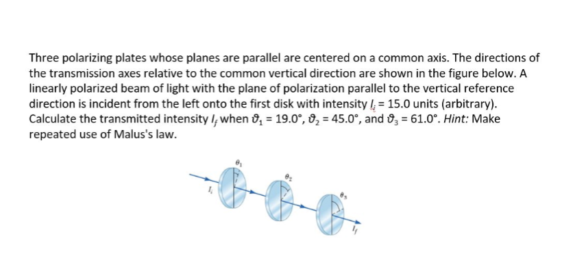 Three polarizing plates whose planes are parallel are centered on a common axis. The directions of
the transmission axes relative to the common vertical direction are shown in the figure below. A
linearly polarized beam of light with the plane of polarization parallel to the vertical reference
direction is incident from the left onto the first disk with intensity !, = 15.0 units (arbitrary).
Calculate the transmitted intensity l; when &, = 19.0°, 9, = 45.0°, and 9, = 61.0°. Hint: Make
repeated use of Malus's law.

