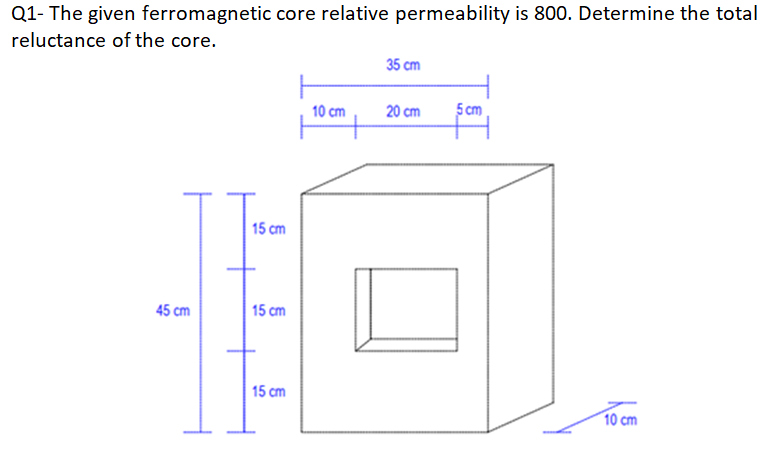 Q1- The given ferromagnetic core relative permeability is 800. Determine the total
reluctance of the core.
35 cm
10 cm
20 cm
5 cm
15 cm
45 cm
15 cm
15 cm
10 cm
