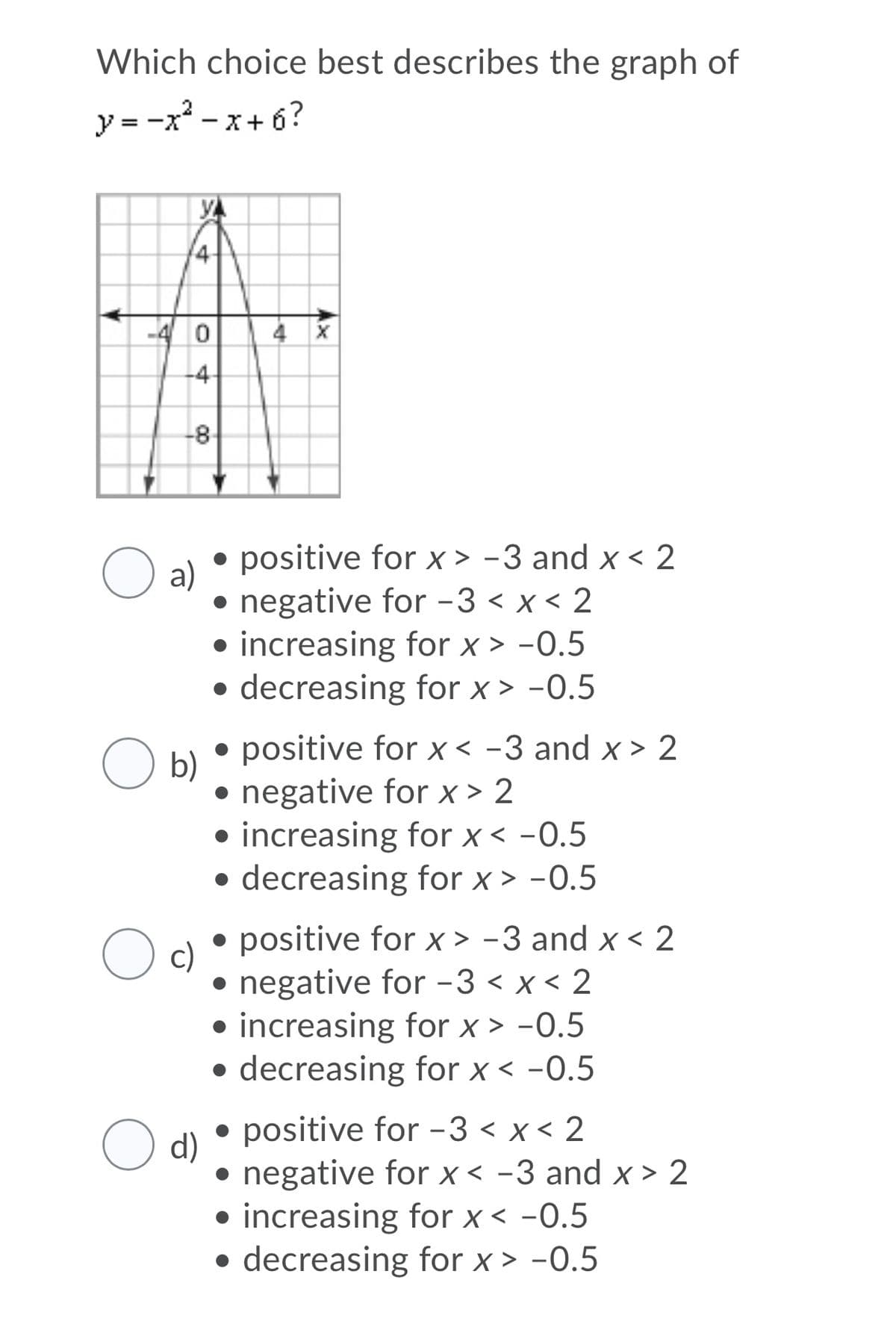 Which choice best describes the graph of
y = -x - x+ 6?
YA
-4 0
-8-
positive for x > -3 and x < 2
a)
• negative for -3 < x < 2
• increasing for x > -0.5
• decreasing for x > -0.5
positive for x < -3 and x > 2
b)
• negative for x > 2
• increasing for x < -0.5
• decreasing for x > -0.5
• positive for x > -3 and x < 2
c)
• negative for -3 < x < 2
• increasing for x > -0.5
• decreasing for x < -0.5
positive for -3 < x < 2
d)
• negative for x< -3 and x > 2
• increasing for x < -0.5
• decreasing for x > -0.5
4.
