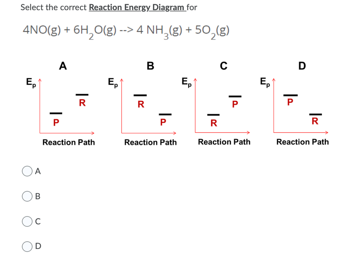 Select the correct Reaction Energy Diagram for
4NO(g) + 6H,0(g)
--> 4 NH,(g) + 50,(g)
A
C
D
Ep
E,1
E,1
Ep
R
R
P
P
P
R
지
Reaction Path
Reaction Path
Reaction Path
Reaction Path
A
OB
Oc
uf
