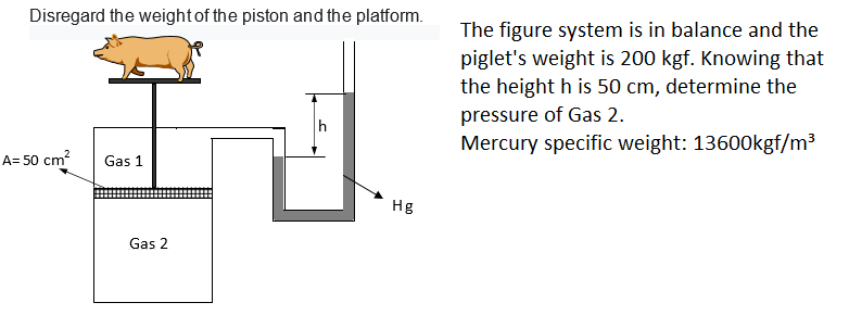 Disregard the weight of the piston and the platform.
The figure system is in balance and the
piglet's weight is 200 kgf. Knowing that
the height h is 50 cm, determine the
pressure of Gas 2.
Mercury specific weight: 13600kgf/m³
h
A= 50 cm?
Gas 1
Hg
Gas 2
