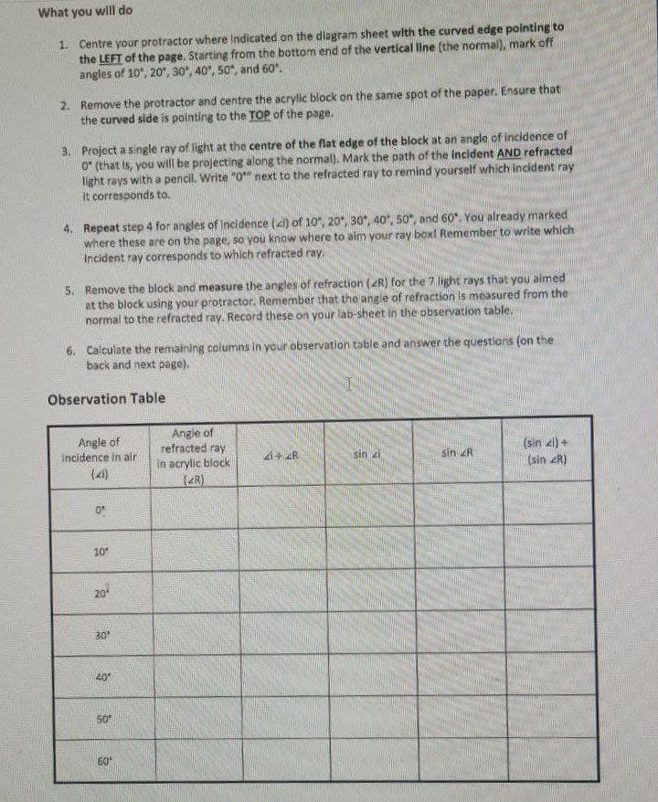 What you will do
1.
Centre your protractor where Indicated on the diagram sheet with the curved edge pointing to
the LEFT of the page. Starting from the bottom end of the vertical line (the normal), mark off
angles of 10, 20, 30, 40, 50, and 60.
2. Remove the protractor and centre the acrylic block on the same spot of the paper. Ensure that
the curved side is pointing to the TOP of the page.
3. Project a single ray of light at the centre of the flat edge of the block at an angle of incidence of
O* (that is, you will be projecting along the normal). Mark the path of the incident AND refracted
light rays with a pencil. Write "0"" next to the refracted ray to remind yourself which incident ray
it corresponds to.
4. Repeat step 4 for angles of incidence (zi) of 10, 20, 30, 40, 50, and 60°. You already marked
where these are on the page, so you know where to aim your ray box! Remember to write which
Incident ray corresponds to which refracted ray.
5. Remove the block and measure the angles of refraction (2R) for the 7 light rays that you aimed
at the block using your protractor. Remember that the angle of refraction is measured from the
normal to the refracted ray. Record these on your lab-sheet in the observation table.
6. Calculate the remaining columns in your observation table and answer the questions (on the
back and next page).
Observation Table
Angle of
Incidence in air
(21)
Angle of
refracted ray
in acrylic block
21+2R
sin zi
sin R
(sin zi) +
(sin R)
(ZR)
0°
101
20⁰
301
40
50⁰
60"