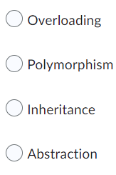 Overloading
Polymorphism
Inheritance
Abstraction