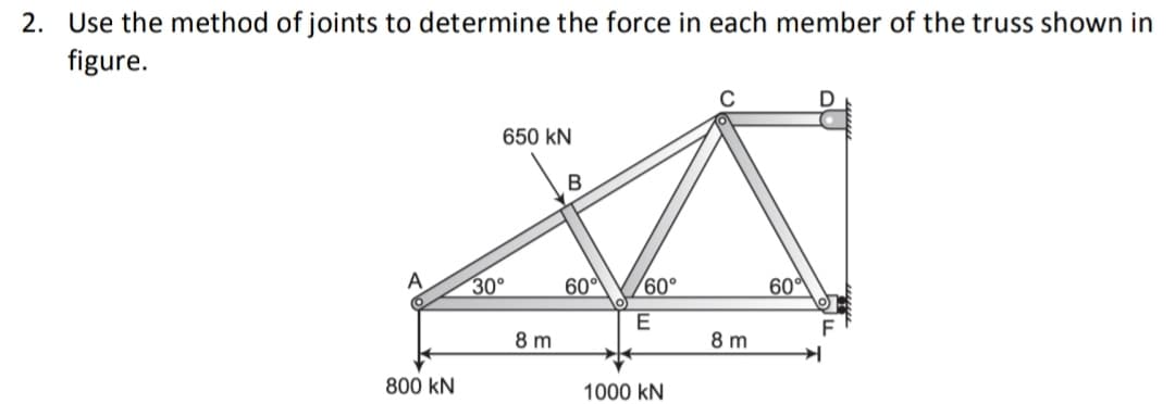 2. Use the method of joints to determine the force in each member of the truss shown in
figure.
650 kN
A
30°
60°
60°
60ª
F
8 m
8 m
800 kN
1000 kN
