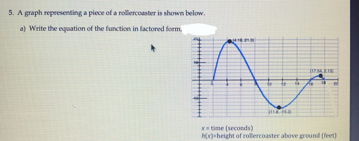 5. A graph representing a piece of a rollercoaster is shown below.
a) Write the equation of the function in factored form.
(4.16, 21.3)
10
(17.54, 2.13)
10
12
14
16
18
20
10
(11.8,-15.2)
x = time (seconds)
h(x)-height of rollercoaster above ground (feet)
