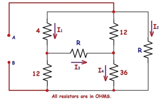 I2
12
A
R
R
I3
12
36
All resistors are in OHMS.
