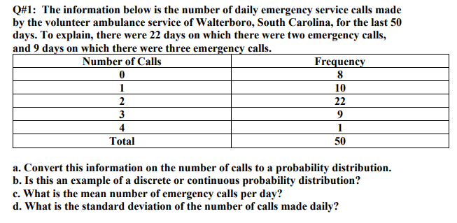 Q#1: The information below is the number of daily emergency service calls made
by the volunteer ambulance service of Walterboro, South Carolina, for the last 50
days. To explain, there were 22 days on which there were two emergency calls,
and 9 days on which there were three emergency calls.
Number of Calls
Frequency
8
1
10
2
22
3
9
4
1
Total
50
a. Convert this information on the number of calls to a probability distribution.
b. Is this an example of a discrete or continuous probability distribution?
c. What is the mean number of emergency calls per day?
d. What is the standard deviation of the number of calls made daily?
