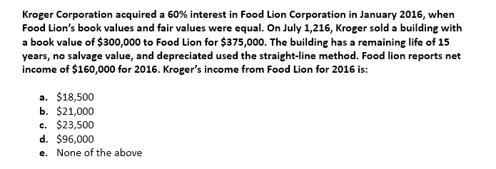 Kroger Corporation acquired a 60% interest in Food Lion Corporation in January 2016, when
Food Lion's book values and fair values were equal. On July 1,216, Kroger sold a building with
a book value of $300,000 to Food Lion for $375,000. The building has a remaining life of 15
years, no salvage value, and depreciated used the straight-line method. Food lion reports net
income of $160,000 for 2016. Kroger's income from Food Lion for 2016 is:
a. $18,500
b. $21,000
c. $23,500
d. $96,000
e. None of the above