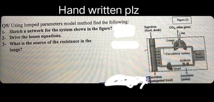 Hand written plz
Q5/ Using lumped parameters model method find the following:
1- Sketch a network for the system shown in the figure?
2- Drive the losses equations.
3- What is the source of the resistance in the
lungs?
Figure (2)
CO₂, other gases
Air
Lungs
Circulatory system Body
Kidneys
Heart +
Ingestion
(food, drink)
kut
Excretion
ndigested food)
Excretion
(urine)