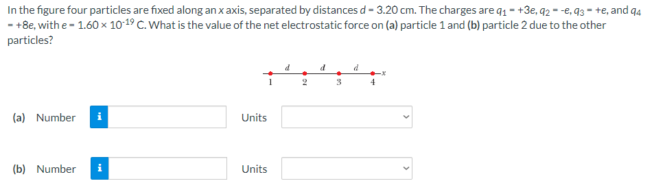 In the figure four particles are fixed along an x axis, separated by distances d = 3.20 cm. The charges are q₁ = +3e, q2 = -e, 93 = +e, and 94
= +8e, with e = 1.60 × 10-1⁹ C. What is the value of the net electrostatic force on (a) particle 1 and (b) particle 2 due to the other
particles?
d
d
d
·x
(a) Number
(b) Number
i
Units
Units
1
*
2
→
3
در
4
<