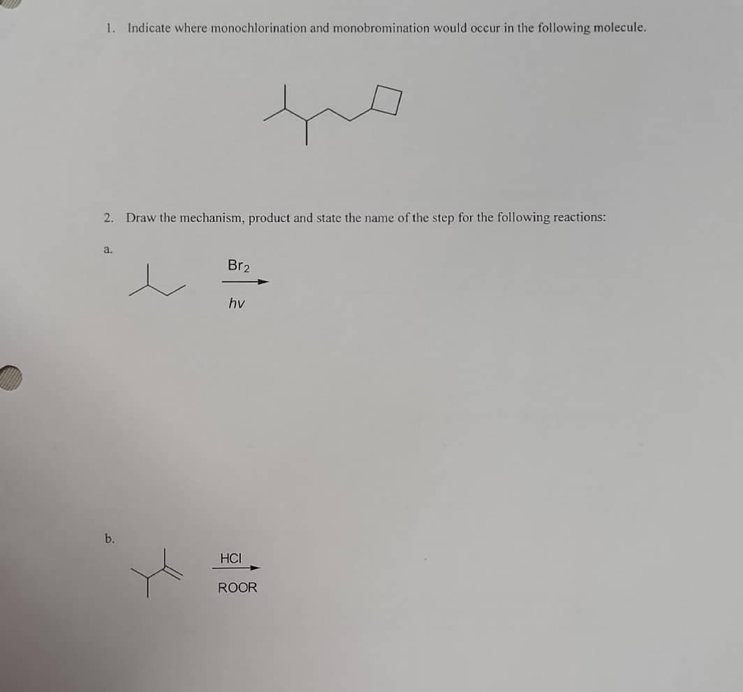 1. Indicate where monochlorination and monobromination would occur in the following molecule.
2. Draw the mechanism, product and state the name of the step for the following reactions:
a.
Br2
hv
b.
HCI
ROOR

